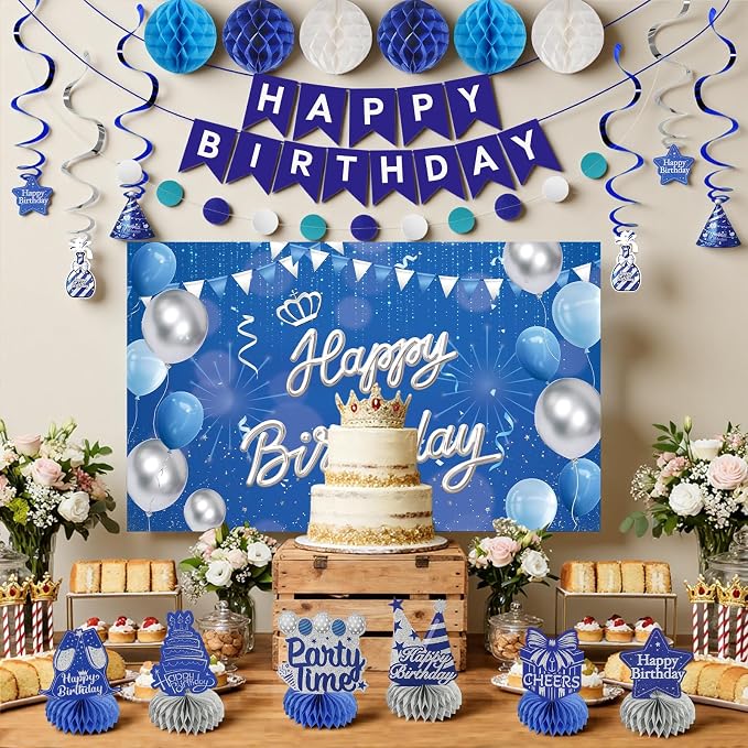 Happy Birthday Party Decoration Set: Including Birthday Banner Backdrop, Party Table Centerpieces and Hanging Swirl Party Streamers, Birthday Decor Suppliers for Men and Women (Blue, Happy Birthday)