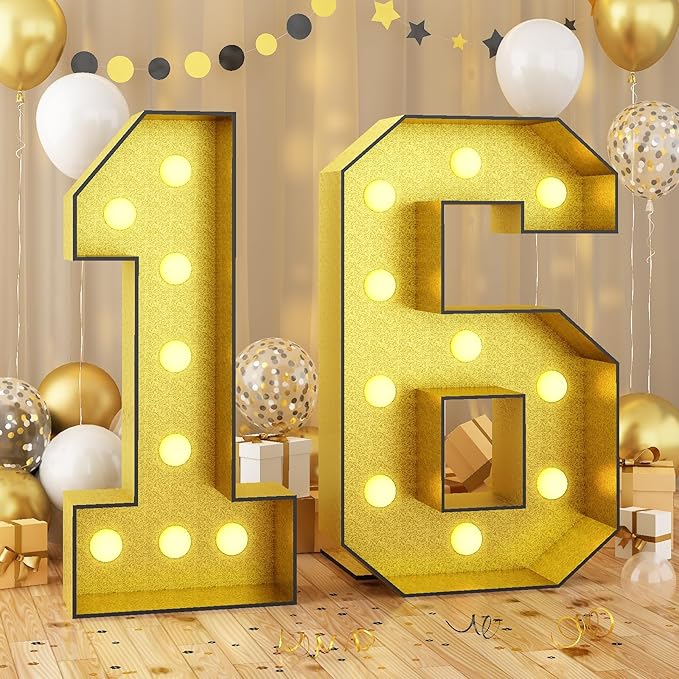 Light Up Number 16, Marquee Light Up Numbers 4FT Gold, Large Led Numbers Lights for Sweet 16th Birthday, 4 Feet Tall DIY Frame Pre-Cut Foam Board Kit for Night Light Party Anniversary Decorations