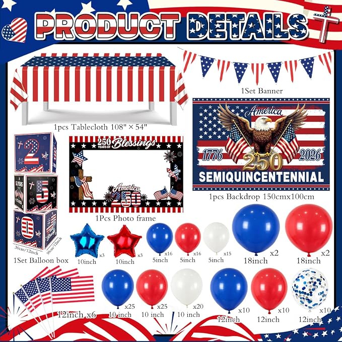 170Pcs 250th Anniversary Decorations, ALL-IN-1 Patriotic Party Supplies Red White Blue Balloon Arch American 250 Decorations Backdrop for 4th of July Independence Day Semiquincentennial Celebration