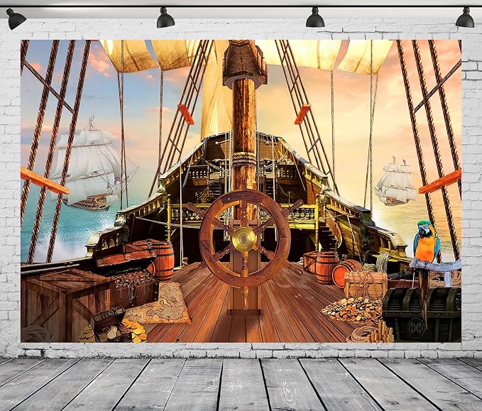 15x10Ft Pirate Ship Backdrop for Photography Nautical Treasure Map Old Wooden Deck Kids Boys Happy Birthday Supplies Baby Shower Decorations Background Banner Photo Studio Booth Props