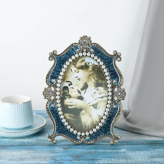 Oval Vintage Picture Frame 4x6 Antique Decor Christmas Ornament Ornate Blue Metal Photo Frame with Glass Front Art Table Top Retro Home Decor Gifts for Birthday Valentines