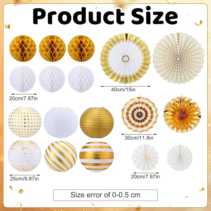 Retisee 18 Pcs Metallic Gold Party Decorations Kit Hanging Metallic Gold Paper Lanterns Paper Fans Honeycomb Balls for Birthday Anniversary Celebration Wedding Graduation Decoration Supplies