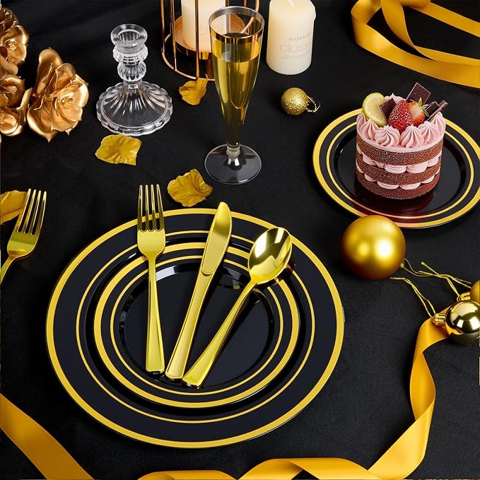 BESTVIP 100PCS Black Plastic Plate with Gold Rim, Disposable Party Plates with 50 Dinner Plates and 50 Dessert Plates, Plastic Plates for Party, Wedding and Birthday