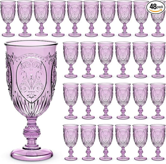 Wiwiqing 48 Pcs Plastic Goblets 7.5oz Vintage Goblet Plastic Wine Glasses Colored Retro Embossed Water Goblets for Wine Bar Juice Baby Shower Wedding Reception Grand Event Party (Purple)