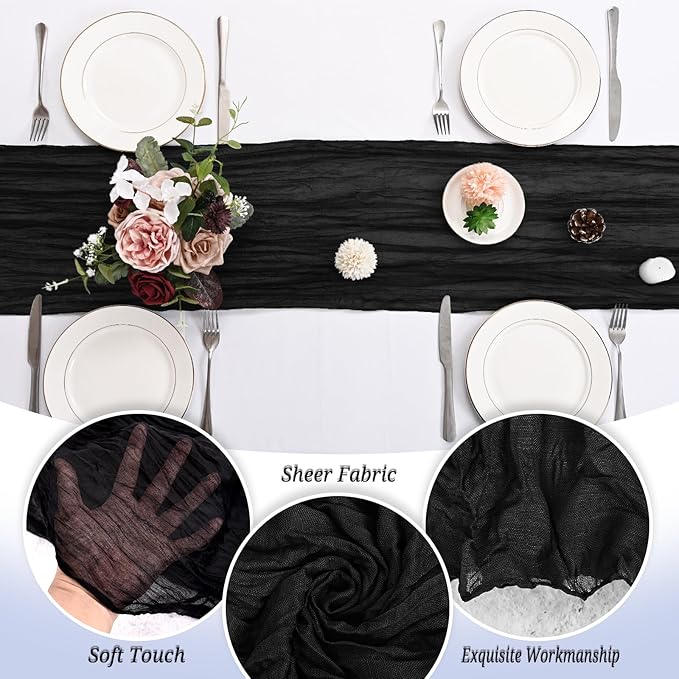 12 Pack Black Cheesecloth Table Runner 120 inch Fall Thanksgiving Boho Rustic Gauze Farmhouse 10FT Cheese Cloth Runner for Baby Shower Wedding Party Holiday Home Decor