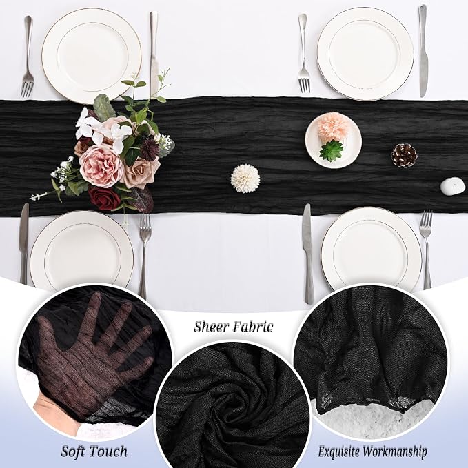 24 Pack Black Cheesecloth Table Runner 120 inch Fall Thanksgiving Boho Rustic Gauze Farmhouse 10FT Cheese Cloth Runner for Baby Shower Wedding Party Holiday Home Decor