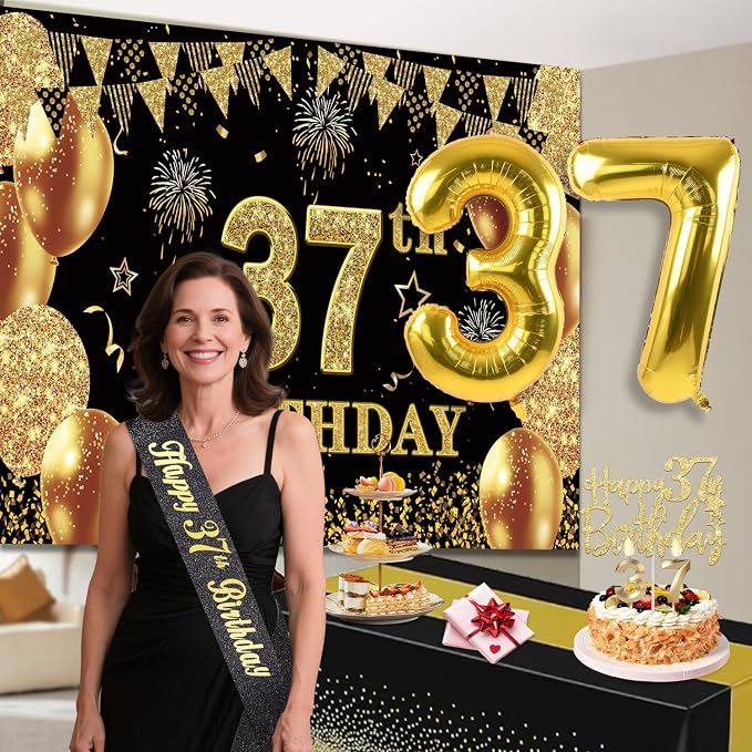 37th Birthday Decorations Men Women with 37th Birthday Banner, Black and Gold Table Cloth, Number Balloons, Large Sash, Cake Topper and Candles