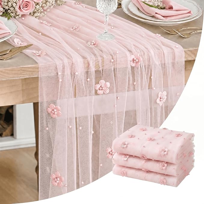 Artoid Mode Pink Flower Pearl Pink Gauze Table Runner 10FT 3PC, Seasonal Sheer Dining Holiday Wedding Birthday Baby Shower Table Decor for Home Party