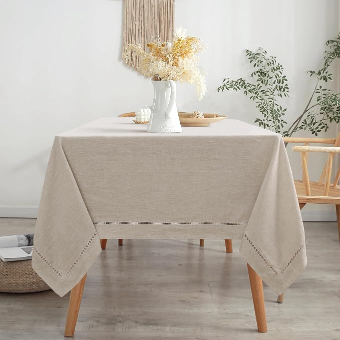 Linen World Hemstitch Linen Tablecloth,French Linen Natural Tablecloth 55" x 55" Inch,Washable Square Table Cloth for Dining,Outdoor,Weddings and Restaurants,Decorative Thanksgiving Christmas