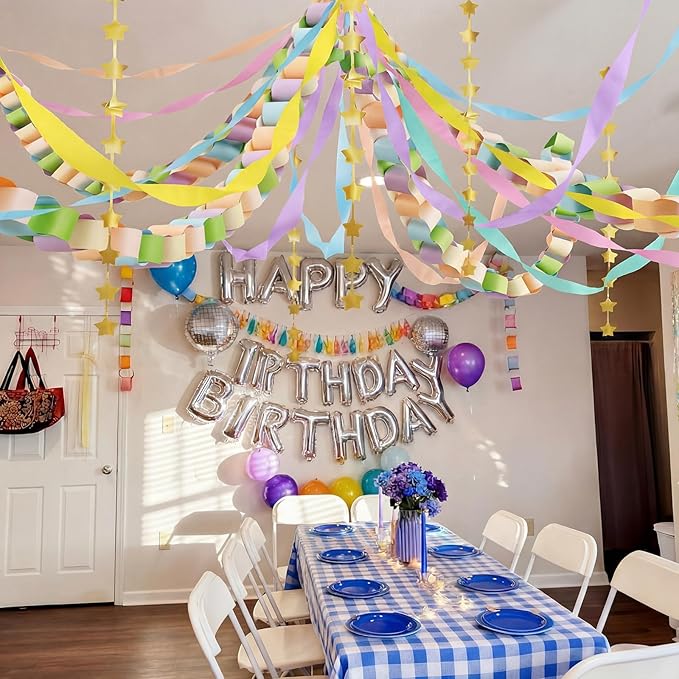 Gueevin Fancy Birthday Whimsical Party Decor 600 Sheets Pastel Paper Chain Garland 2 Pack Star Curtains 492 ft Pastel Crepe Paper Streamers Party Decor for Whimsical Fancy Birthday Supplies