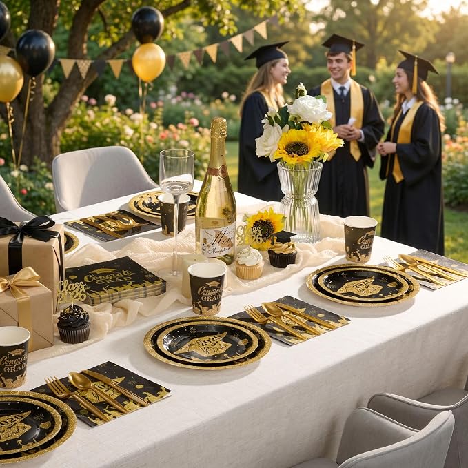 Goodluck Black & Gold 2026 Congrats Grad Disposable Tableware Sets, 350 PCS Graduation Party Supplies Include 9" & 7" Disposable Graduation Paper Plates, 9oz Cups, Napkins & Cutlery for 50 Guests