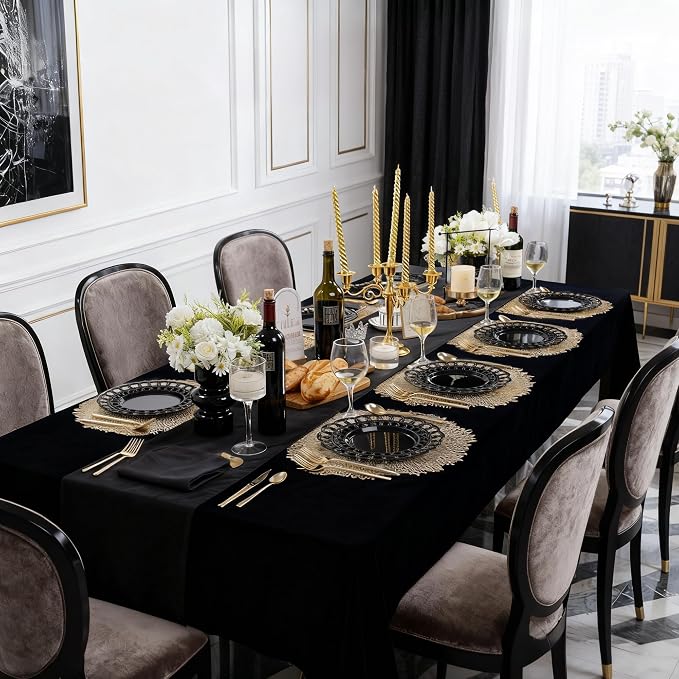COLOSUS 60pcs Black Plastic Plates Set,Fancy Baroque Plates,Elegant Lace Rim Disposable Plates,Plastic Plate for Party include 30 Dinner plates and 30 Dessert plates for New Year,Party,Wedding