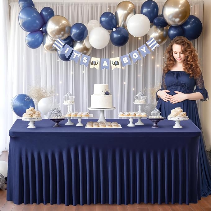 2 Packs Navy Blue Spandex Tableclothes for 8 Foot Rectangle Table, Spandex Table Covers 8FT Stretch Table Skirts Rectangle Wrinkle Free Fitted Tablecover for Event, Wedding, Banquet & Parties