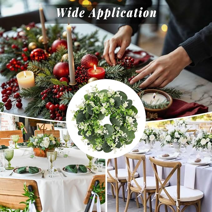 8PCS Artificial Eucalyptus Leaves Small Wreaths Green Candle Rings, Wreaths Spring Summer Greenery Garland Pillar Candle Holder for Home Wedding Party Table Centerpiece Decoration