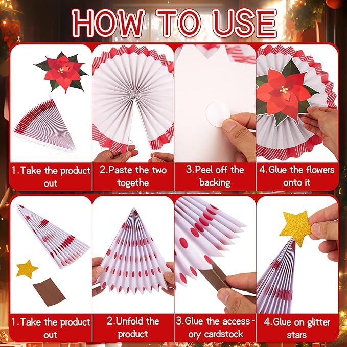 SUNBEAUTY Christmas Hanging Paper Fan Decorations Christmas Poinsettia Flowers Xmas Paper Star Topper Red Green Wall Ceiling Decor for Xmas Holiday Party Home Backdrop（Red）