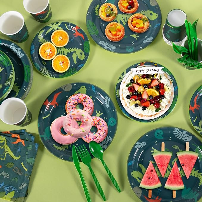 Cecnamt Dinosaur Birthday Decorations, 170 Pcs Dinosaur Party Supplies Including Banner, Plates, Cups, Napkins, Cutlery and Tablecloths, Serves 24