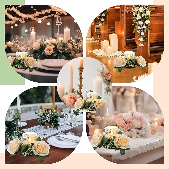 Yunlly 12 Pcs Rose Candle Rings with Flameless Candles Sets, Artificial Flower Eucalyptus Wedding Centerpiece 3 Inch Pillar Candleholders Wreaths for Wedding Party Mother's Day (Champagne)