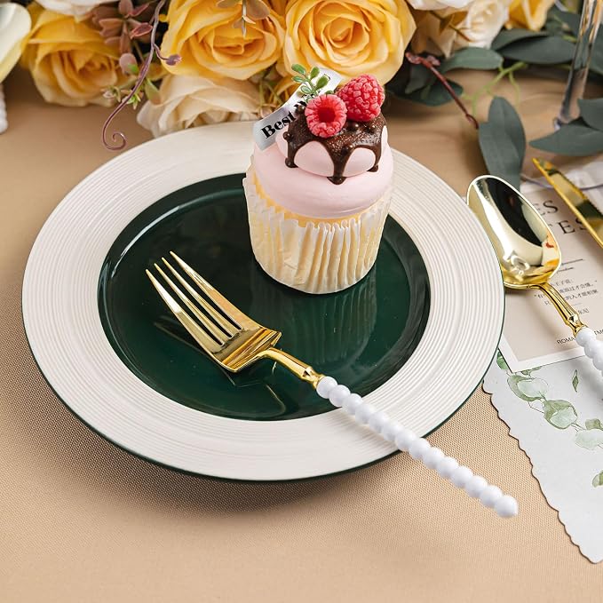 120 Pcs Gold Plastic Silverware,Gold Plastic Utensils with White Beads Handle,Fancy Disposable Cutlery Set Include 40 Forks 40 Knives 40 Spoons for Party & Wedding