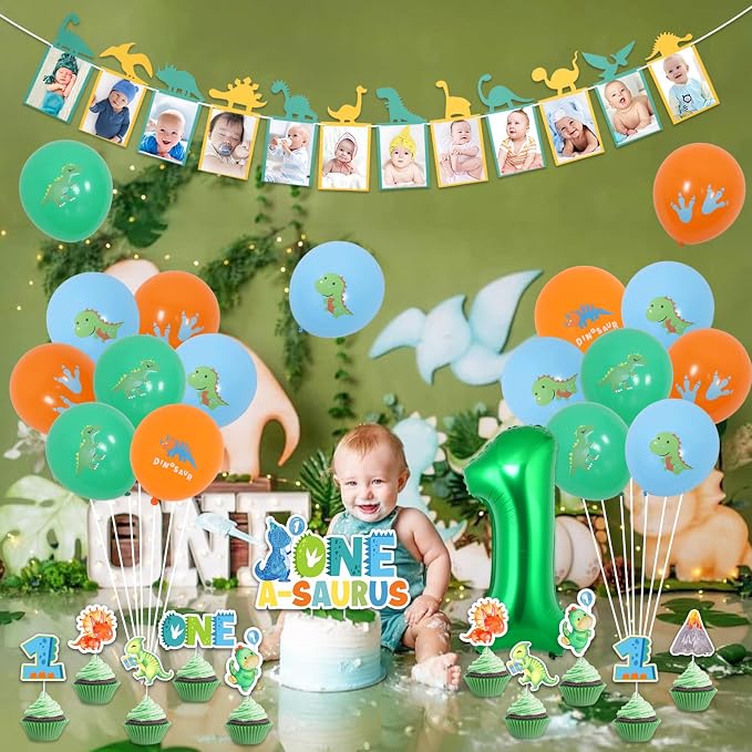 One a Saurus Birthday Decorations for Boys Dinosaur 1st Birthday Decoration with Dinosaur Birthday Photo Banner One a Saurus Birthday Backdrop, Cake Cupcake Toppers Dinosaur Bday Tablecloth