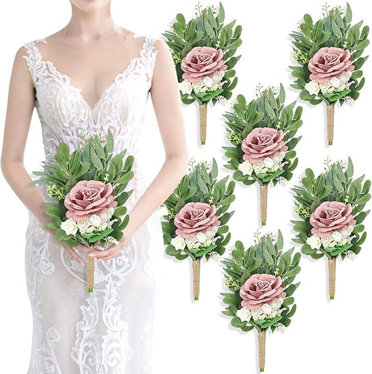 8 Inch Bridesmaid Bouquets Set of 6 - Artificial Flowers Greenery Bouquet for Wedding, Small Floral Bouquet for Ceremony Anniversary Marriage Proposal Centerpiece Decorations - Dusty Pink