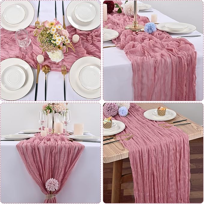 10 Pcs Dusty Rose Cheesecloth Table Runner 10FT, Gauze Table Runner for Wedding Reception Sheer Bridal Shower Birthday Party Boho Table Decoration, Rustic Romantic Wedding Runner