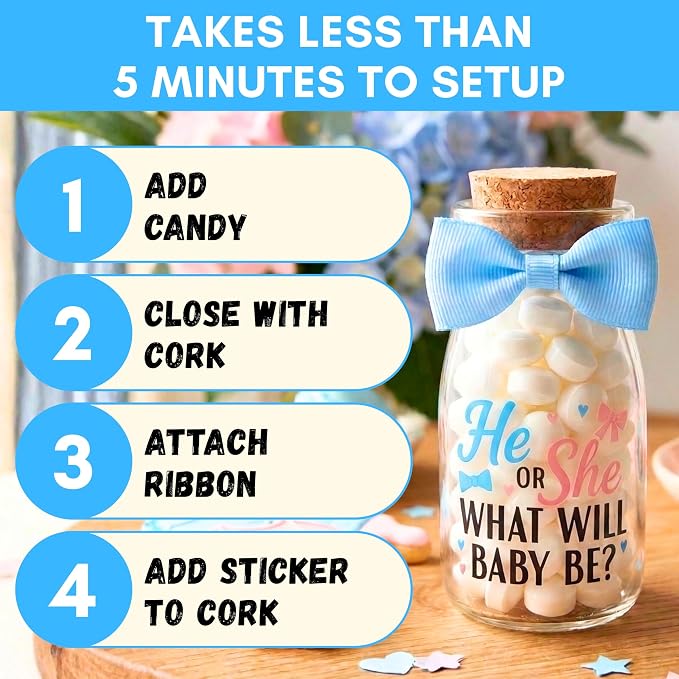 Ethisa 12 Pack Gender Reveal Glass Jars - He or She Gender Reveal Party Favors for Guests and Table Centerpieces - Classy Boy or Girl Milk Glass Bottles - Baby Shower Decorations and Candy Gifts