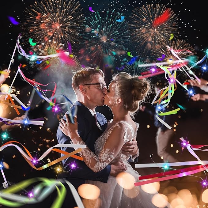100 PCS Light Up Wands for Wedding, Wedding Favors with 3 Colorful Flashing Modes, Fairy Wands with Colorful ribbons, Lace and Bells for Wedding, New Year, Raves, Concert, Birthday