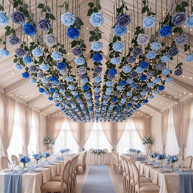 Lyrow 60 Pack Dusty Blue Artificial Flower Hanging Ornaments Floral Floating Garland Decorations Something Blue Wedding Coastal Minimalist Boho Bridal Shower Ceiling Garland Birthday Party Table Decor