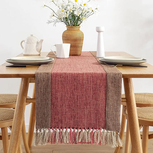 Macrame Table Runner 15 x 71 Inch, Cotton Linen Natural Fabric Table Runner Farmhouse Style for Wedding, Engagement, Bridal Shower, Party and Home Dining Table Decorations, Machine Washable - Red
