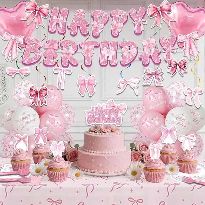 266Pcs Pink Bow Party Birthday Decorations - Party Supplies Included Foil Fringe, Banner, Tablecloth, Hanging Swirls, Cupcake Toppers, Tableware, Paper Towel, Latex and Love Heart Balloons (Pink Bow)