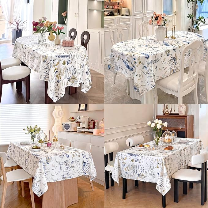 Rectangular Table Cloth 60x120 Inches, Cotton Linen Waterproof Fabric Tablecloth, Blue Green Leaf Print Decorative Table Cloth for Outdoor, Dining, Wedding, Party, Kitchen