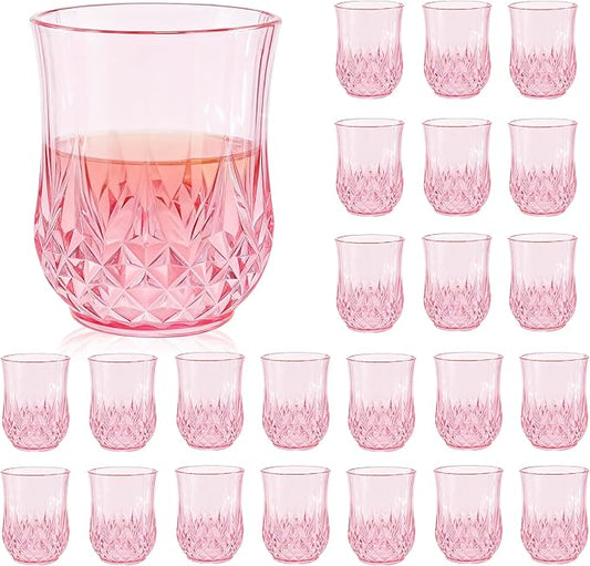 24 Pack Plastic Stemless Wine Glasses,12oz Unbreakable Vintage Elegant Drinking Glass Set,Reusable Fancy Cocktail Cups for Party, Wedding, and Bulk Events (24, 12oz-Pink)