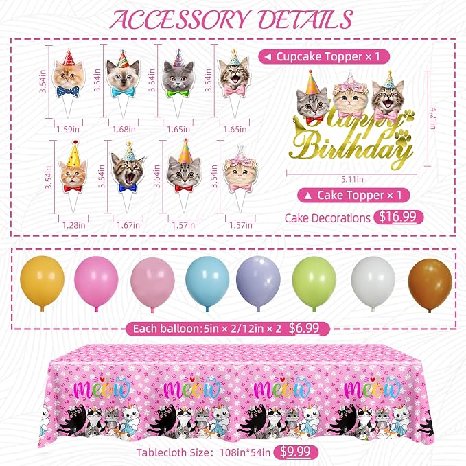 Cat Birthday Decorations with 9" & 7" Plates, Napkins, Tablecloth, Cake Topper, Pre-assembled Banner & Honeycomb Centerpieces & Balloon for Cat Themed Birthday Party Decorations