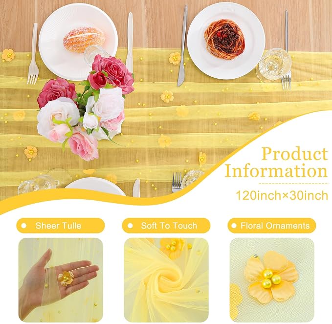 BINBE 4pcs Flower Pearl Table Runner Spring Summer Rustic Boho 10ft Tulle Table Runner for Baby Shower Wedding Veil Holiday Dessert Table Decor Yellow