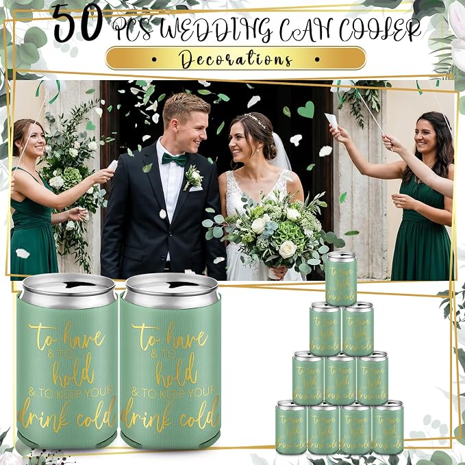 Hoteam 25 Sets Wedding Party Favors for Guests Bulk Including Can Cooler and Paper Folding Fans with Wedding Decor Table Sign Cheers to Love for Bridal Shower Party Souvenir(Classical,Green)
