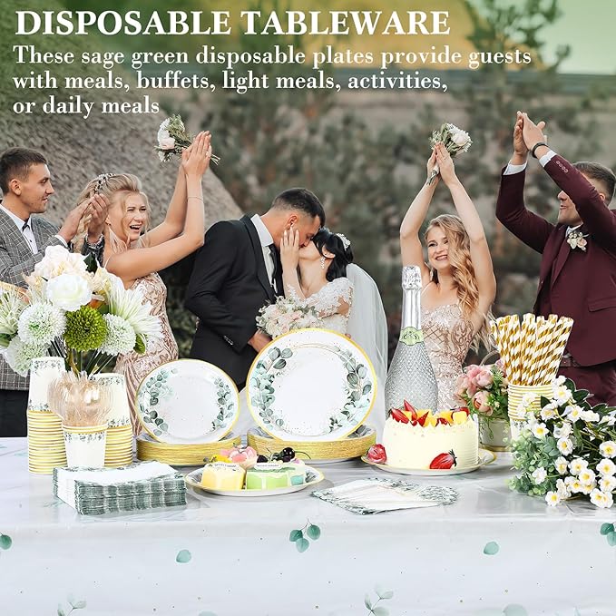Funnymoom 452 Pcs Eucalyptus Leaf Party Supplies Decorations Include Sage Green Paper Plates Napkins Cups Tablecloth Cutlery Straws for Baby Shower Birthday Bridal Shower Wedding Party