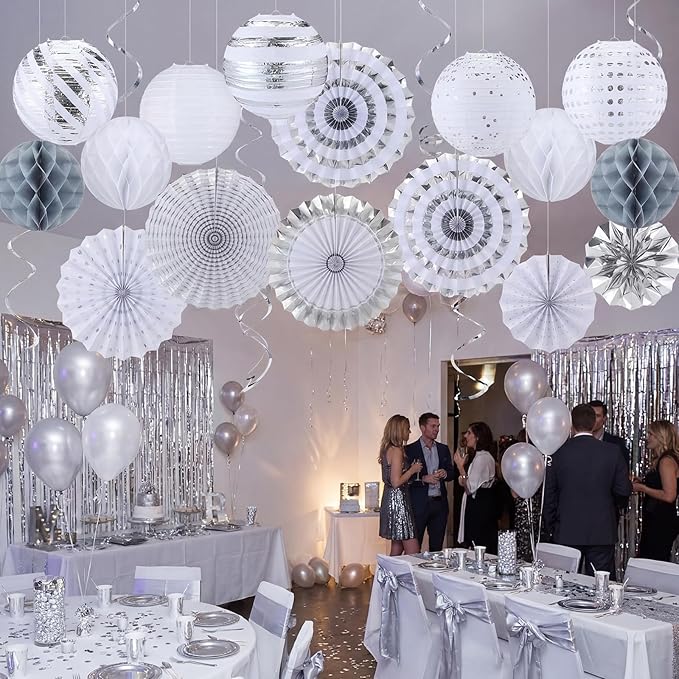 Retisee 18 Pcs Metallic Silver Party Decorations Kit Hanging Metallic Silver Paper Lanterns Paper Fans Honeycomb Balls for Birthday Anniversary Celebration Wedding Graduation Decoration Supplies