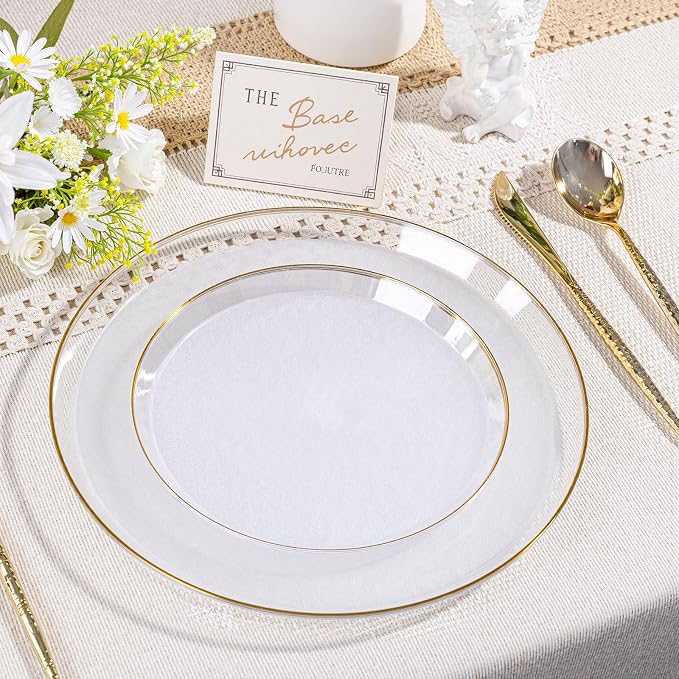 DaYammi 60Pcs Clear Gold Plastic Plates - Disposable Party Plates, Gold Plates Disposable Include 30 Dinner Plate 10inch,30 Dessert Plate 7inch,Frosted Bottom Plastic plates for Party,Wedding,Holiday