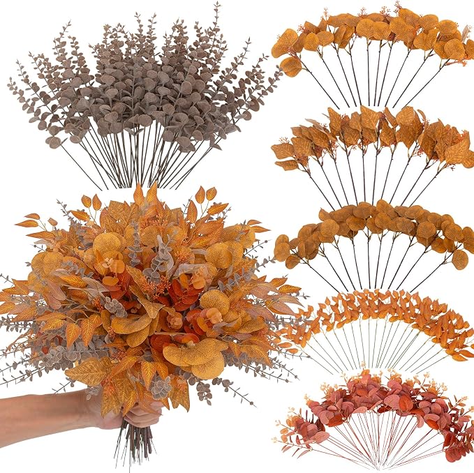 130 Pcs Fall Mixed Greenery Artificial Eucalyptus Stems Bulk, 6 Kinds of Fake Eucalyptus Leaves, Autumn Faux Floral Arrangement for Wedding Bouquet, Farmhouse Home Thanksgiving Decor (130, Orange)