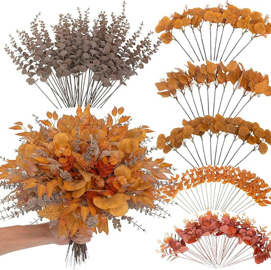 130 Pcs Fall Mixed Greenery Artificial Eucalyptus Stems Bulk, 6 Kinds of Fake Eucalyptus Leaves, Autumn Faux Floral Arrangement for Wedding Bouquet, Farmhouse Home Thanksgiving Decor (130, Orange)