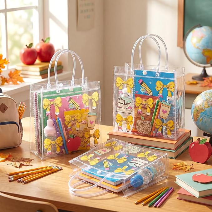 Teenyyou 24 Pcs Back to School Clear Gift Bags with Handles, Cute Bow & Stationery Pattern PVC Gift Bags Reusable Goodie Container for Teacher Appreciation, Birthday Party, Classroom Rewards
