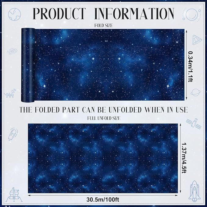 Hallswl 100ft x 54in Space Tablecloth Roll, Disposable Plastic Galaxy Table Cloth Blue Starry Sky Design Rectangle Table Covers for Kids Science Party, Birthday, Space Theme Party Decorations