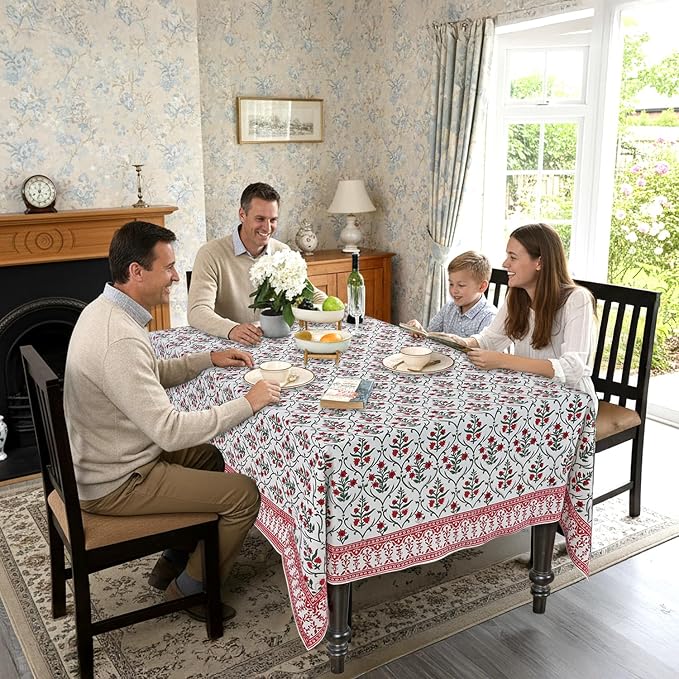 Ridhi Ruby Red Hand Block Print Cotton Rectangle Tablecloth 90" x 60" inches Reusable Table Cover Decorative Everyday Use for Dining Room, Farmhouse, Home Gift for Spring, Mother's Day