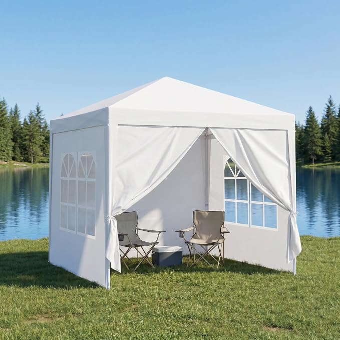6.5x6.5FT Canopy Tent, Portable Heavy Duty Outdoor Tent with 4 Removable Sidewalls, Waterproof Party, Camping, Picnic & Backyard Shelter, White