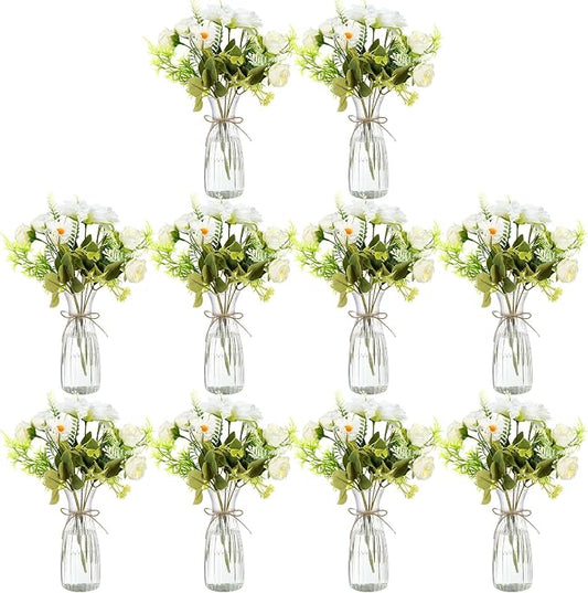 Reallnaive 30 Pack Artificial Flowers Table Centerpieces Decorations with Plastic Vase Wedding Mason Jar 20 Bundles Silk Floral Bouquet 10 Clear Vase with Rope for Party Decor(Dahlia,White)
