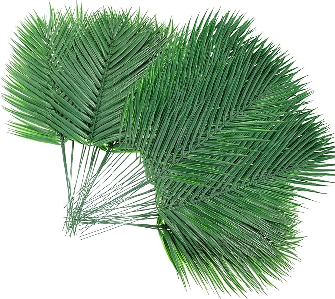 Jexine 100 Pcs Easter Palm Leaves for Palm Sunday Artificial Fake Branches Tree Stems Large Faux Greenery Plants Fronds for Church Holy Week Hawaiian Jungle Wedding Party Decoration (5 Assorted Sizes)