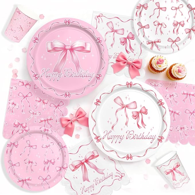 Pink Bow Happy Birthday Decorations Set for 24: Bachelorette Party Supplies Kit with Dinner & Dessert Plates, Napkins, Cups, Banner, Tablecloth - for Women's Tea Birthday Party Decorations