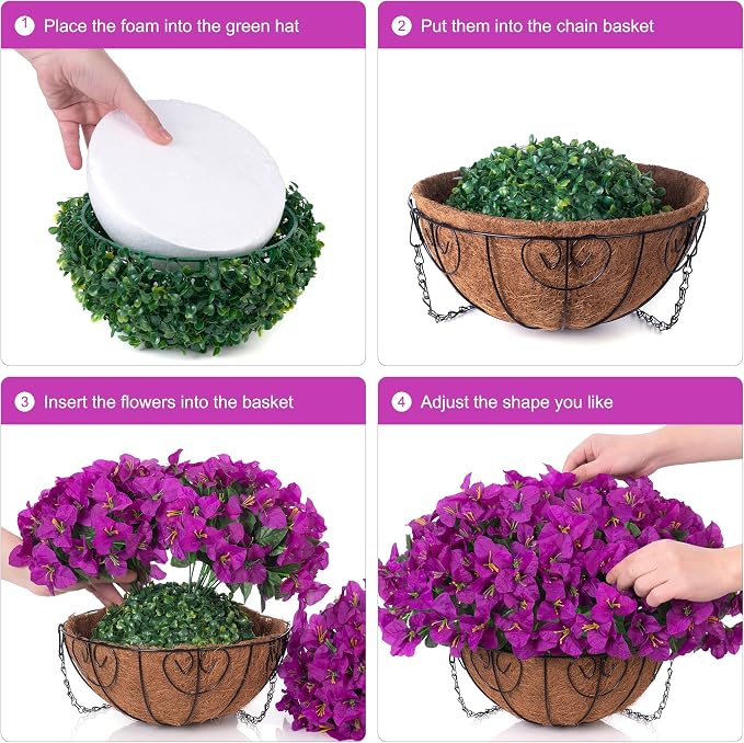 Artificial Fake Hanging Flowers Plants Basket for Outdoors Spring Summer Decor, Faux Silk Bougainvillea in Planter Look Real UV Resistant Faux Flower for Outside Porch Patio Garden Home Decor, Purple