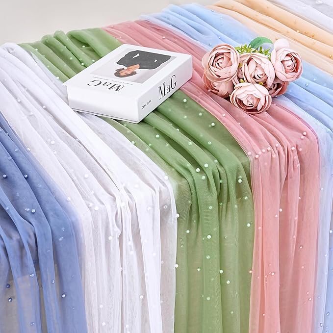 Pearl Table Runner Wedding Centerpieces: 10ft Pearl Table Decor 29x120 Inch Tulle Chiffon Fabric for Decor Birthday Party Dining Table Cover (Baby Blue)