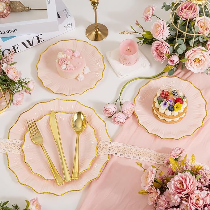U-QE 150PCS Pink Plastic Plates for Party, Heavy Duty Pink Disposable Plates, Gold Dinnerware Set Include 30 Dinner Plates,30 Dessert Plates,30 Gold Plastic Silverware Set for Mothers Day, Party